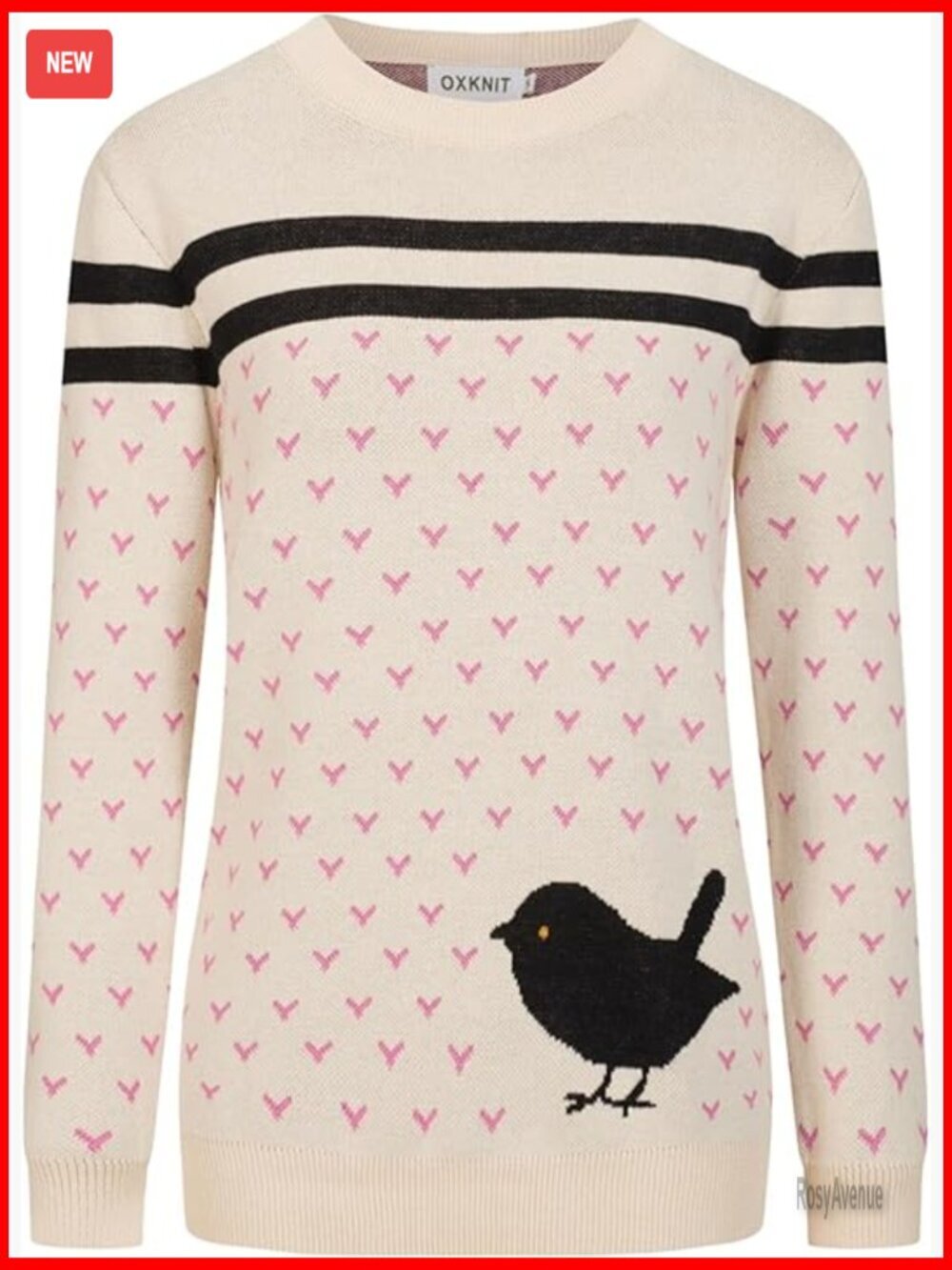 Vintage 1960s Mod Style Long Sleeve Crewneck Knit T-Shirt with Bird and Heart